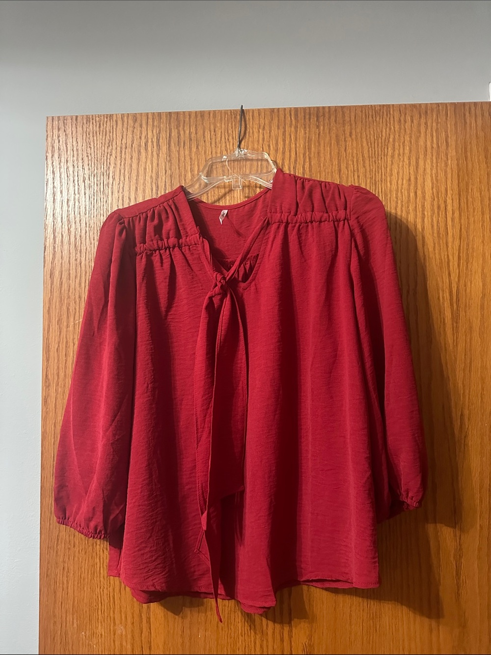 Women's Red Tie-Neck Peasant Blouse